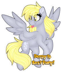 Size: 1280x1493 | Tagged: safe, artist:missbramblemele, derpy hooves, pegasus, pony, g4, :p, best pony, cute, derpabetes, ear fluff, eye clipping through hair, eyebrows, eyebrows visible through hair, female, hooves, mare, simple background, solo, sparkly eyes, spread wings, tail, text, tongue out, transparent background, wingding eyes, wings