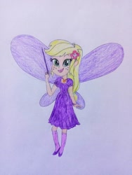 Size: 864x1152 | Tagged: safe, artist:wildguardianangel31, applejack, fairy, equestria girls, g4, barely eqg related, bracelet, clothes, crossover, dress, fairy wings, fairyized, flower, flower in hair, geode of super strength, heather the violet fairy, jewelry, looking at you, magic wand, magical geodes, necklace, open mouth, purple dress, purple shoes, purple wings, rainbow magic (series), shoes, solo, traditional art, wings