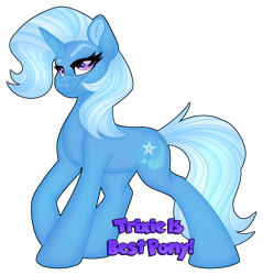 Size: 1280x1338 | Tagged: safe, artist:missbramblemele, trixie, pony, unicorn, g4, best pony, bestest best pony, ear fluff, eyebrows, female, hooves, horn, lidded eyes, looking at you, mare, raised eyebrow, simple background, smiling, solo, sparkly eyes, standing, tail, text, transparent background, wingding eyes