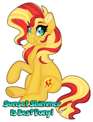 Size: 1280x1663 | Tagged: safe, artist:missbramblemele, sunset shimmer, pony, unicorn, g4, :t, best pony, cute, ear fluff, female, hooves, horn, looking at you, mare, raised hoof, shimmerbetes, simple background, sitting, smiling, solo, sparkly eyes, tail, text, transparent background, two toned mane, two toned tail, underhoof, wingding eyes