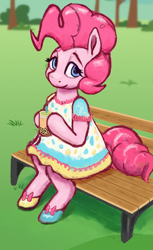 Size: 2000x3260 | Tagged: safe, artist:phutashi, pinkie pie, earth pony, semi-anthro, g4, arm hooves, aside glance, bench, bubble tea, clothes, cup, dress, female, high res, hoof hold, looking at you, outdoors, shoes, sitting, solo