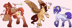 Size: 3100x1200 | Tagged: safe, artist:kittenkat20022, oc, oc only, oc:ambrosia crisp, oc:mc nervous may, oc:prudence huckleberry, earth pony, pegasus, pony, bandana, bow, braid, coat markings, earth pony oc, female, hair bow, magical lesbian spawn, mare, nose piercing, nose ring, offspring, parent:applejack, parent:big macintosh, parent:fluttershy, parent:rarity, parent:trouble shoes, parents:fluttermac, parents:rarijack, parents:troubleshy, pegasus oc, piercing, pink background, sack, simple background, straw in mouth, tail, tail wrap, trio, unshorn fetlocks, white background