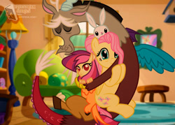 Size: 1280x918 | Tagged: safe, artist:bb2am, angel bunny, discord, fluttershy, oc, draconequus, hybrid, pegasus, pony, rabbit, g4, the last problem, animal, family, female, fluttershy's cottage, hug, interspecies offspring, male, next generation, offspring, parent:discord, parent:fluttershy, parents:discoshy, photo, picture, picture frame, ship:discoshy, shipping, show accurate, smiling, straight, sunset