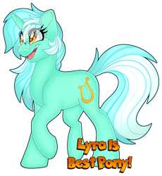 Size: 1280x1394 | Tagged: safe, artist:missbramblemele, lyra heartstrings, pony, unicorn, g4, best pony, eye clipping through hair, female, hooves, horn, mare, open mouth, open smile, raised hoof, simple background, smiling, solo, sparkly eyes, standing, tail, text, transparent background, wingding eyes