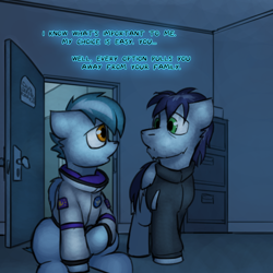 Size: 800x800 | Tagged: safe, artist:captainhoers, soarin', oc, oc:concorde, pegasus, pony, the sunjackers, g4, dialogue, duo, father and child, looking at each other, looking at someone, male, office, offscreen character, offspring, older soarin', parent:soarin', parent:spitfire, parents:soarinfire, stallion
