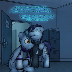 Size: 800x800 | Tagged: safe, artist:captainhoers, soarin', oc, oc:concorde, pegasus, pony, the sunjackers, g4, duo, eyes closed, father and child, hug, male, office, offscreen character, offspring, older, older soarin', parent:soarin', parent:spitfire, parents:soarinfire, stallion, winghug, wings