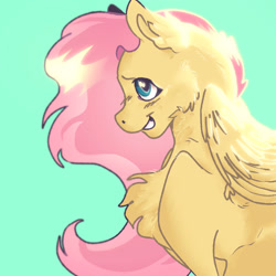 Size: 1280x1280 | Tagged: safe, artist:spiritsoda, fluttershy, pegasus, pony, g4, cheek fluff, chest fluff, female, green background, grin, mare, profile, simple background, smiling, solo