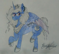 Size: 1920x1757 | Tagged: safe, artist:monse2001, oc, oc only, alicorn, bat pony, bat pony alicorn, pony, bat wings, deviantart watermark, hoof shoes, horn, jewelry, obtrusive watermark, offspring, parent:oc:artemis, parent:princess luna, parents:canon x oc, peytral, raised hoof, signature, solo, tiara, traditional art, watermark, wings