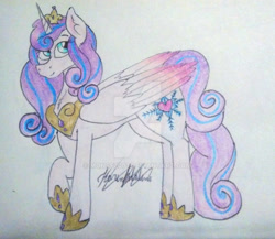Size: 1920x1665 | Tagged: safe, artist:monse2001, princess flurry heart, alicorn, pony, g4, deviantart watermark, female, hoof shoes, jewelry, mare, obtrusive watermark, older, older flurry heart, peytral, raised hoof, signature, solo, tiara, traditional art, watermark