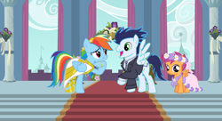 Size: 1280x698 | Tagged: safe, artist:themexicanpunisher, rainbow dash, scootaloo, soarin', pegasus, pony, g4, clothes, dress, female, filly, flower girl dress, foal, male, mare, marriage, ship:soarindash, shipping, stallion, straight, suit, wedding, wedding dress