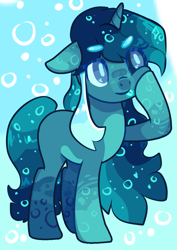 Size: 871x1228 | Tagged: safe, artist:goldlines005, oc, oc only, oc:deepsea dive, pony, unicorn, abstract background, base used, cheek squish, female, horn, mare, raised hoof, solo, squishy cheeks, unicorn oc