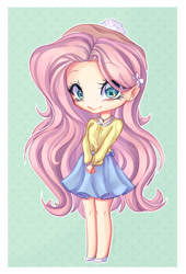 Size: 1024x1504 | Tagged: safe, artist:maneblue, fluttershy, human, g4, clothes, eyelashes, female, green background, hairclip, humanized, simple background, skirt, smiling, solo