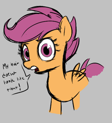 Size: 445x490 | Tagged: safe, artist:_ton618_, scootaloo, pegasus, pony, g4, aggie.io, blank flank, dialogue, exclamation point, eyebrows, female, filly, foal, looking at you, mare, open mouth, simple background, solo, speech bubble, talking, talking to viewer, teeth, text