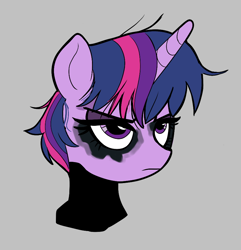 Size: 862x896 | Tagged: safe, artist:_ton618_, twilight sparkle, pony, unicorn, g4, aggie.io, clothes, costume, eyeshadow, female, frown, gray background, grumpy, makeup, mare, simple background, solo