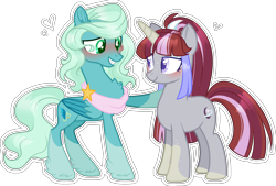 Size: 2248x1523 | Tagged: safe, artist:stormcloud-yt, oc, oc only, oc:shooting star, pegasus, pony, unicorn, base used, blushing, clothes, duo, feathered fetlocks, female, horn, mare, offspring, parent:sky stinger, parent:vapor trail, parents:vaporsky, raised hoof, scarf, simple background, transparent background, unicorn oc, wings