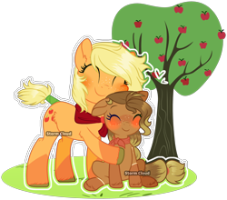 Size: 2468x2169 | Tagged: safe, artist:stormcloud-yt, applejack, oc, oc:anahita, earth pony, pony, g4, apple, apple tree, base used, blushing, cute, duo, earth pony oc, eyelashes, female, high res, hug, jackabetes, mare, mother and child, mother and daughter, ocbetes, offspring, parent:applejack, parent:trouble shoes, parents:troublejack, simple background, tail, tail wrap, transparent background, tree