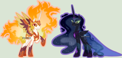 Size: 3967x1912 | Tagged: safe, artist:stormcloud-yt, daybreaker, nightmare moon, alicorn, pony, g4, base used, clothes, dress, duo, ethereal mane, female, hoof sucking, mane of fire, mare, peytral, raised hoof, simple background, starry mane
