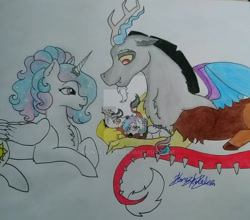 Size: 1920x1692 | Tagged: safe, artist:monse2001, discord, princess celestia, oc, oc:shadow sunset, oc:sunlight dream, alicorn, draconequus, hybrid, pony, g4, alternate hairstyle, deviantart watermark, drawing, family, female, interspecies offspring, male, mare, obtrusive watermark, offspring, parent:discord, parent:princess celestia, parents:dislestia, ship:dislestia, shipping, signature, spiky tail, story included, straight, tail, traditional art, watermark