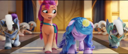 Size: 4094x1740 | Tagged: safe, screencap, izzy moonbow, sunny starscout, thunder flap, zoom zephyrwing, earth pony, pegasus, pony, unicorn, g5, my little pony: a new generation, ball, bowing, eyes closed, female, floppy ears, guardsmare, izzy's tennis ball, male, mare, open mouth, pegasus royal guard, royal guard, stallion, tennis ball