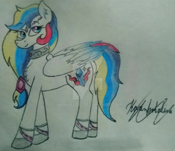 Size: 1920x1658 | Tagged: safe, artist:monse2001, oc, oc only, oc:crystal star, pegasus, pony, deviantart watermark, ear fluff, female, hoof shoes, mare, obtrusive watermark, offspring, parent:princess cadance, parent:shining armor, parents:shiningcadance, pegasus oc, signature, solo, traditional art, watermark, wings