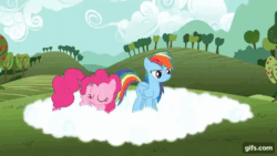 Size: 640x360 | Tagged: safe, screencap, pinkie pie, rainbow dash, earth pony, pegasus, pony, g4, season 3, too many pinkie pies, ^^, animated, cloud, cute, diapinkes, duo, eyes closed, female, gif, gifs.com, mare, open mouth, open smile, running, smiling
