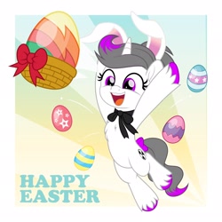 Size: 2048x2048 | Tagged: safe, artist:jhayarr23, oc, oc only, oc:hazel radiate, pony, unicorn, bow, bunny ears, chest fluff, choker, colored hooves, commission, commissioner:biohazard, cute, easter, easter egg, eyelashes, female, high res, highlights, holiday, horn, mare, ocbetes, open mouth, open smile, ponytail, purple eyes, simple background, smiling, solo, tail, tail bow, text, unicorn oc, unshorn fetlocks, ych result