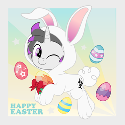 Size: 5000x5000 | Tagged: safe, artist:jhayarr23, oc, oc only, oc:haze rad, pony, unicorn, absurd resolution, animal costume, bow, bunny costume, bunny ears, clothes, commission, commissioner:biohazard, costume, cute, easter, easter egg, floppy ears, fluffy tail, holiday, horn, looking at you, male, ocbetes, one eye closed, purple eyes, ribbon, simple background, smiling, smiling at you, solo, stallion, tail, text, unicorn oc, wink, winking at you, ych result