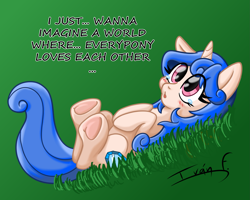 Size: 3125x2500 | Tagged: safe, artist:memprices, oc, oc only, oc:heart love, oc:princess heart love, alicorn, pony, clip studio paint, digital art, eye clipping through hair, grass, high res, looking up, lying down, on back, original character do not steal, signature, simple background, teary eyes, text, wish