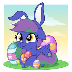 Size: 5066x5000 | Tagged: safe, artist:jhayarr23, oc, oc only, oc:lishka, pegasus, pony, absurd resolution, amber eyes, bunny ears, commission, commissioner:biohazard, cute, easter egg, eyelashes, female, floppy ears, mare, ocbetes, pegasus oc, simple background, smiling, solo, tail, text, two toned mane, two toned tail, ych result