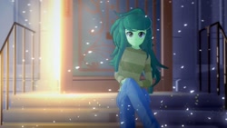 Size: 1920x1080 | Tagged: safe, artist:hornydogo, wallflower blush, human, equestria girls, g4, 3d, clothes, crossed legs, female, freckles, koikatsu, looking at you, snow, snowfall, solo, stairs, sweater