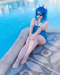 Size: 720x900 | Tagged: safe, dj pon-3, vinyl scratch, human, g4, barefoot, clothes, cosplay, costume, feet, irl, irl human, photo, swimming pool, swimsuit