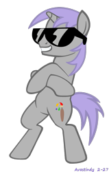 Size: 669x1055 | Tagged: safe, artist:avastindy, artist:masterrottweiler, oc, oc only, oc:spark brush, pony, unicorn, base used, bipedal, crossed arms, crossed hooves, full body, grin, hooves, horn, male, show accurate, signature, simple background, smiling, solo, stallion, standing, sunglasses, tail, transparent background