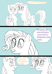 Size: 998x1405 | Tagged: safe, artist:unilock, applejack, rarity, earth pony, pony, unicorn, g4, 1000 hours in ms paint, 2018, comic, female, lesbian, mare, ship:rarijack, shipping, text