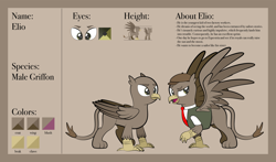 Size: 1920x1129 | Tagged: safe, artist:alexdti, oc, oc only, oc:elio, griffon, clothes, folded wings, full body, griffon oc, male, open mouth, raised eyebrow, reference sheet, solo, spread wings, standing, wings