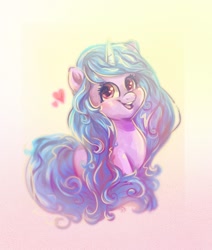 Size: 1079x1274 | Tagged: safe, artist:avui, izzy moonbow, pony, unicorn, g5, blushing, cute, female, gradient background, heart, izzybetes, mare, open mouth, open smile, smiling, solo