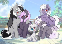 Size: 3507x2481 | Tagged: safe, artist:arctic-fox, oc, oc only, oc:lucy clematis, oc:sak, oc:stormdancer, oc:victoria ravenoth, oc:winter fields, bat pony, pony, chest fluff, cloud, eyebrows, eyebrows visible through hair, family, heterochromia, high res, hug, looking at you, one eye closed, red eyes, sakancer, sky, smiling