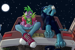 Size: 2225x1496 | Tagged: safe, artist:frist44, spike, crocodile, dragon, anthro, digitigrade anthro, g4, barefoot, beatrice santello, beatrike, boots, car, cigarette, claws, clothes, converse, crossover, crossover shipping, eyeshadow, featured image, feet, female, food, from below, ice cream, jeans, licking, makeup, male, night in the woods, not ember, older, older spike, pants, paws, pensive, shipping, shoes, shoes removed, sitting on car, smoking, sneakers, soles, spoon, stars, straight, tail pipe, thinking, toes, tongue out, underfoot, underpaw