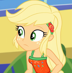 Size: 1065x1080 | Tagged: safe, screencap, applejack, equestria girls, equestria girls series, g4, spring breakdown, spoiler:eqg series (season 2), bare shoulders, blonde, clothes, cropped, female, hatless, missing accessory, sleeveless, solo