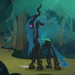 Size: 540x540 | Tagged: safe, screencap, queen chrysalis, changeling, changeling queen, g4, season 8, the mean 6, animated, eyes closed, female, forest, full body, gif, laughing, loop, open mouth, shadow, solo, standing