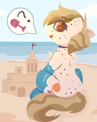 Size: 1600x2000 | Tagged: safe, artist:rhythmpixel, oc, oc only, oc:sand dollar, earth pony, pony, beach, beach pony (generic), body freckles, chest fluff, cloud, eye clipping through hair, eyebrows, eyebrows visible through hair, facial freckles, female, freckles, lineless, looking at you, looking back, looking back at you, mare, pictogram, sandcastle, sitting, sky, solo, water legs