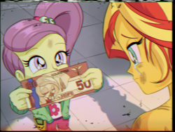 Size: 1280x960 | Tagged: safe, artist:theratedrshimmer, lily pad (g4), radiant hope, sunset shimmer, comic:the tale of two sunsets, equestria girls, g4, '90s, 90s anime, aesthetics, anime style, banknote, beaten up, bill, blurry, chromatic aberration, console, crying, cute, game boy, looking at each other, looking at someone, messy hair, retro, vhs