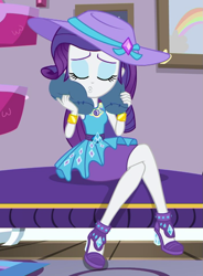 Size: 699x949 | Tagged: safe, screencap, rarity, camping must-haves, equestria girls, g4, my little pony equestria girls: better together, couch, cropped, crossed legs, eyes closed, female, geode of shielding, hat, magical geodes, puckered lips, rarity peplum dress, rarity's bedroom, sitting, solo