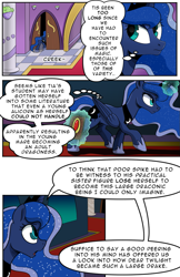 Size: 719x1112 | Tagged: safe, artist:candyclumsy, princess luna, alicorn, pony, comic:luna's cronenberg, g4, alicorn princess, book, canterlot, canterlot castle, carpet, comic, commissioner:bigonionbean, dialogue, door, doors, doorway, ethereal mane, ethereal tail, female, hooves, horn, jewelry, magic, mare, monochrome, regalia, tail, talking, talking to herself, thinking, thought bubble, trotting, wings, writer:bigonionbean