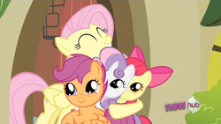 Size: 1152x648 | Tagged: safe, screencap, apple bloom, fluttershy, scootaloo, sweetie belle, earth pony, pegasus, pony, unicorn, g4, ponyville confidential, season 2, ^^, adorabloom, all new, cute, cutealoo, cutie mark crusaders, cutie mark cuties, daaaaaaaaaaaw, diasweetes, eyes closed, female, filly, foal, hub logo, hug, logo, mare, shyabetes, smiling, text, the hub