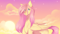 Size: 1280x720 | Tagged: safe, artist:coffeequake, artist:snailswails, fluttershy, pegasus, pony, g4, aside glance, braid, chest fluff, cloud, ear fluff, female, folded wings, looking at you, mare, outdoors, sky, sky background, solo, stray strand, three quarter view, wings