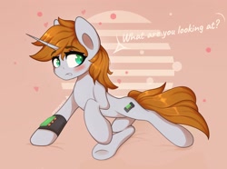 Size: 3500x2609 | Tagged: safe, artist:stravy_vox, oc, oc only, oc:littlepip, pony, unicorn, fallout equestria, embarrassed, female, high res, mare, pipbuck, solo, underhoof