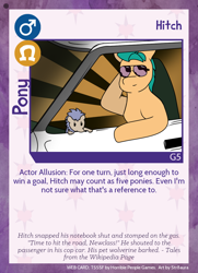 Size: 788x1088 | Tagged: safe, artist:str8aura-draws-horses-and-stuff, hitch trailblazer, earth pony, hedgehog, pony, twilight sparkle's secret shipfic folder, g5, my little pony: a new generation, car, card, driving, james marsden, leaning, male, stallion, sunglasses, voice actor joke