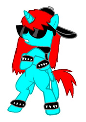Size: 485x687 | Tagged: safe, artist:casey-the-unicorn, artist:softfang, oc, oc only, pony, unicorn, backwards ballcap, base used, baseball cap, bipedal, cap, crossed hooves, hat, simple background, solo, spiked wristband, sunglasses, white background, wristband