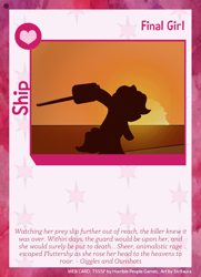 Size: 788x1088 | Tagged: safe, artist:str8aura-draws-horses-and-stuff, pinkie pie, twilight sparkle's secret shipfic folder, g4, card, chainsaw, horror, movie reference, silhouette, sun, sunset, the texas chainsaw massacre, weapon