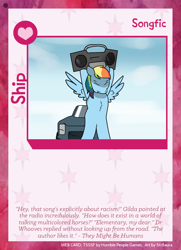 Size: 788x1088 | Tagged: safe, artist:str8aura-draws-horses-and-stuff, rainbow dash, twilight sparkle's secret shipfic folder, g4, boombox, car, card, chest fluff, cloud, looking down, spread wings, wings